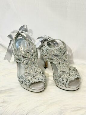 Angel Alarcón Silver Lace Floral High Heel Sandals with Satin Anklet